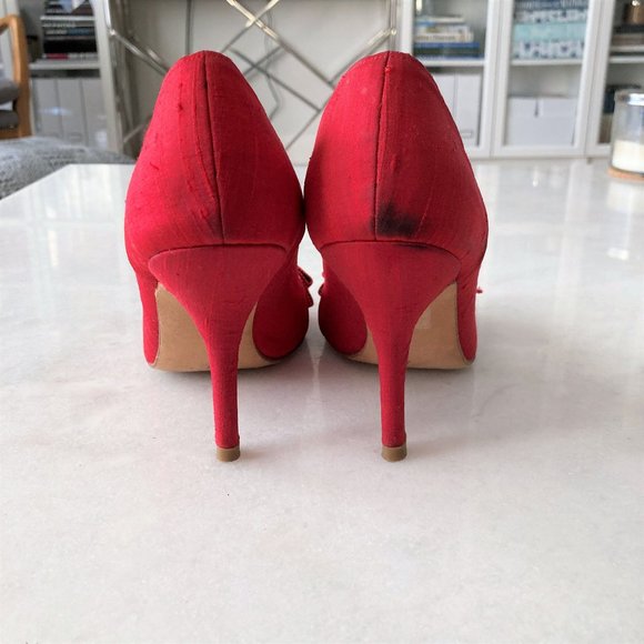 Carolina Herrera red pumps / high heel shoes, peep toe, jewelled buckles ribbon - Picture 8 of 11